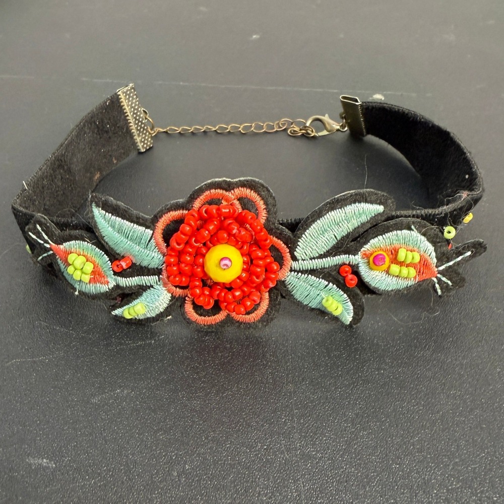Vintage Applique Beaded Choker‎ Velvet Suede Floral Gothic Whimsigoth Adjustable